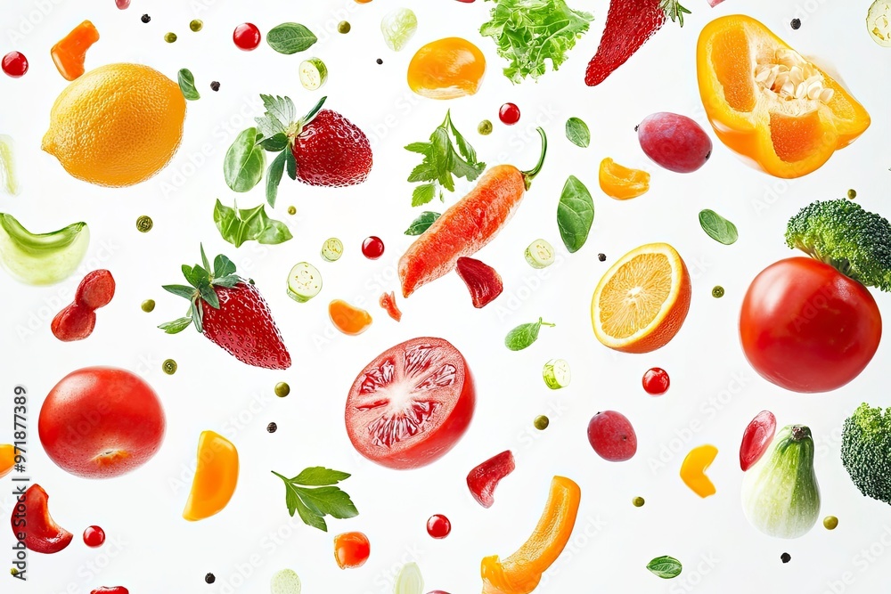 Different fresh fruits and vegetables in air on white background , ai Different fresh fruits and vegetables in air on white background , ai