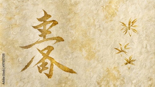 Delicate brushstrokes dance across washi paper, elegant kanji characters unfolding in harmonious balance, exuding serenity and ancient wisdom amidst subtle texture and muted earth tones. photo