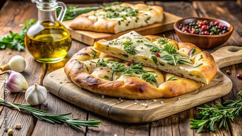 Tuscan schiacciata bread, infused with herbs, cheese, and olive oil, rests on a rustic wooden table, a warm photo