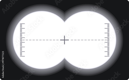 Binocular view display focusing on target using crosshair sight and scale markings for accurate aiming