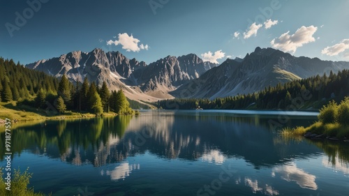 realistic landscape illustration of a lake, mountains, and a beautiful sky