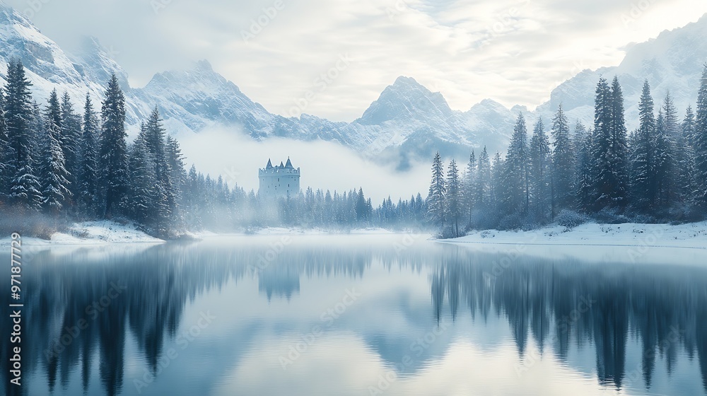 Obraz premium Tranquil scenery with snow castle in clouds Mountain creek flows from forest hills into glacial lake Snowy mountains in fog clearance Small river and coniferous trees reflected in calm : Generative AI