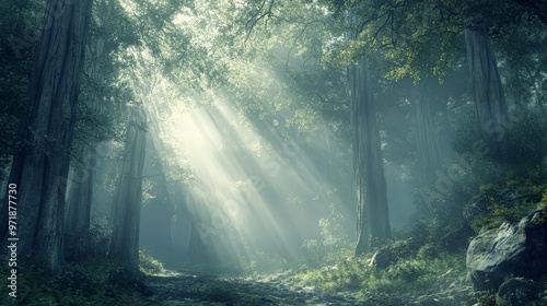 Wallpaper Mural A dense, misty forest with towering ancient trees and soft rays of sunlight piercing through the fog, evoking a sense of mystery and tranquility Torontodigital.ca