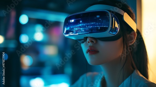 Metaverse app STEM platform developer future skill job workforce for asia people young woman work at home office wear VR headset typing test game on AI IT cyber security cloud computin : Generative AI photo