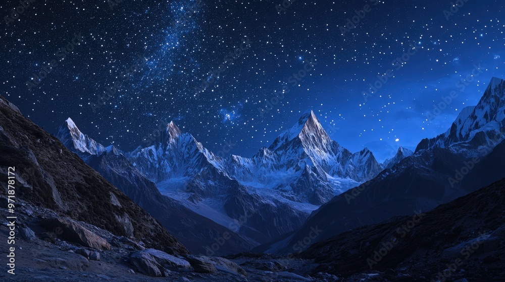 Majestic Mountains under Starry Night Sky - Serene and Awe-Inspiring Landscape at Night Majestic Mountains under Starry Night Sky - Serene and Awe-Inspiring Landscape at Night