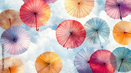 Artistic pattern of colorful umbrellas floating against a white-cloud background, creating a beautiful and dynamic visual experience