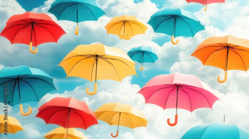 Artistic pattern of colorful umbrellas floating against a white-cloud background, creating a beautiful and dynamic visual experience Artistic pattern of colorful umbrellas floating against a white-cloud background, creating a beautiful and dynamic visual experience