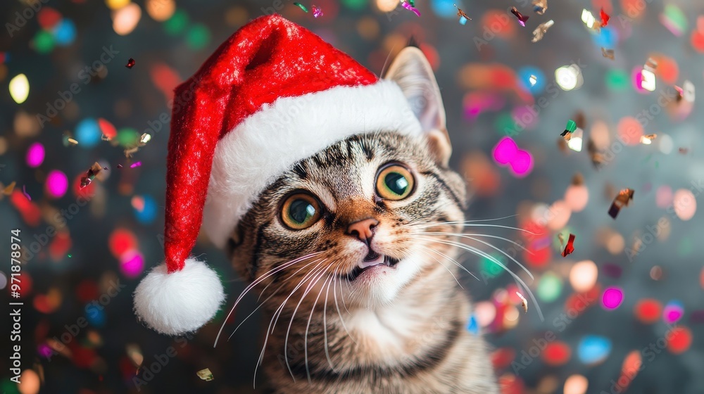 Festive Feline Fun - Playful Cat in Santa Hat Amid Colorful Confetti for Holiday Celebration Concept Festive Feline Fun - Playful Cat in Santa Hat Amid Colorful Confetti for Holiday Celebration Concept