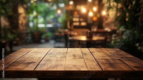 The empty wooden table top with blur background of cafe Exuberant image : Generative AI