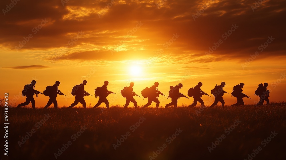 A group of soldiers in silhouette walking across a field with a setting sun casting a golden glow. A group of soldiers in silhouette walking across a field with a setting sun casting a golden glow.