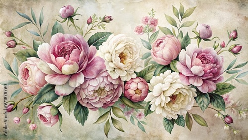 Delicate, hand-painted vintage floral illustration featuring a bouquet of intricate, curved peonies and roses in soft, muted hues on a distressed, aged background.