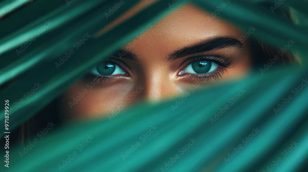 A young woman gazes intensely through green tropical leaves, her bright blue eyes captivating in the natural surroundings A young woman gazes intensely through green tropical leaves, her bright blue eyes captivating in the natural surroundings