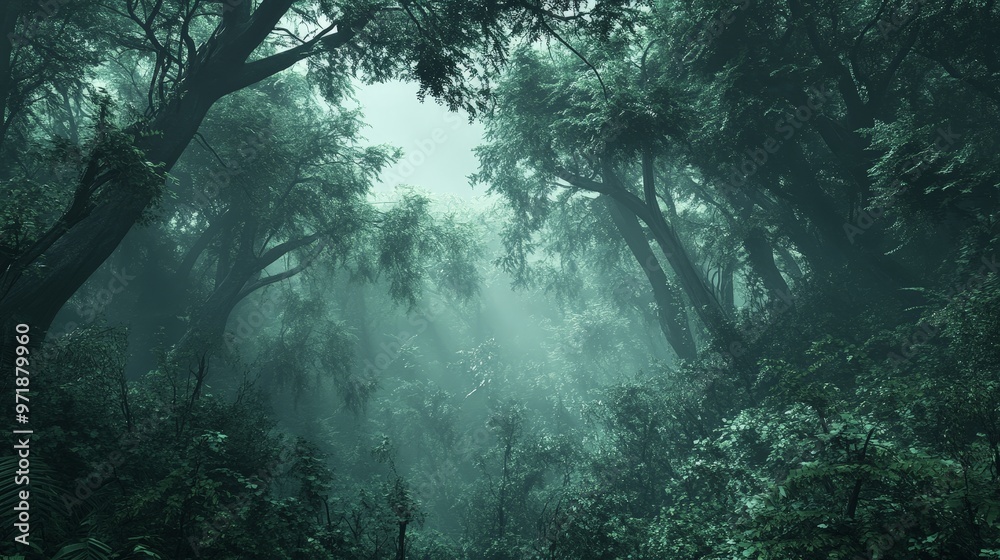 A high-definition background image of a dense, misty forest with towering trees. A high-definition background image of a dense, misty forest with towering trees.