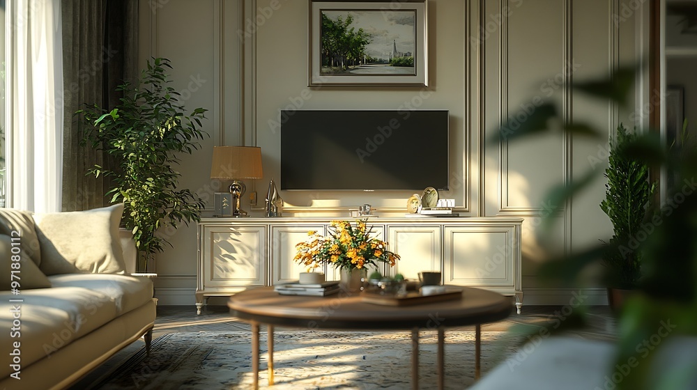 Fototapeta premium Living room with couch table and TV in an elegant house interior : Generative AI