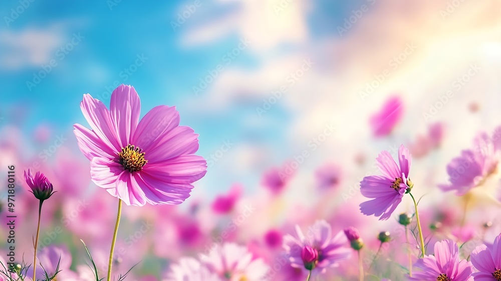Pink cosmos flowers field on blue sky background cosmos flower in fresh morning and cloudy sky flowers imageBeautiful summer landscape : Generative AI Pink cosmos flowers field on blue sky background cosmos flower in fresh morning and cloudy sky flowers imageBeautiful summer landscape : Generative AI