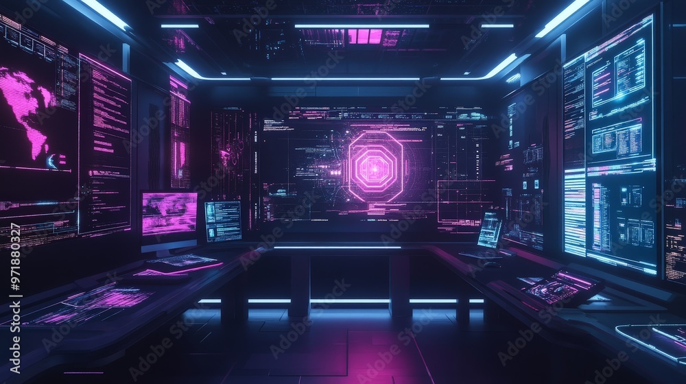 A high-tech workspace features a holographic interface with neon effects, projecting dynamic data and interactive elements.