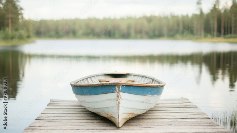 A rowboat rests gently on a wooden dock overlooking a calm lake, with tall trees reflecting in the water's surface during golden hour A rowboat rests gently on a wooden dock overlooking a calm lake, with tall trees reflecting in the water's surface during golden hour