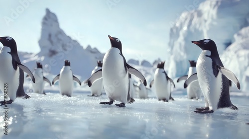 A lively group of penguins waddling across an icy landscape, with their black and white plumage and comical movements creating a charming scene.