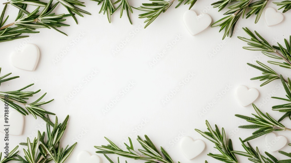 Rosemary and Hearts Frame White Background Natural Herbal Wedding Love Rosemary and Hearts Frame White Background Natural Herbal Wedding Love
