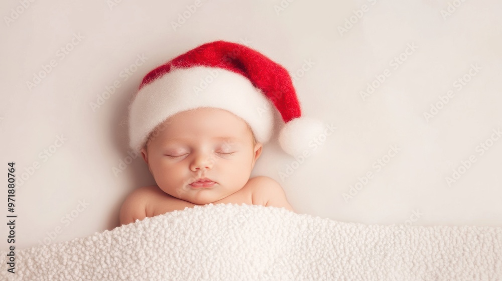 A cozy sleeping newborn, wrapped in a white blanket, wears a cheerful Santa hat for a festive holiday touch A cozy sleeping newborn, wrapped in a white blanket, wears a cheerful Santa hat for a festive holiday touch