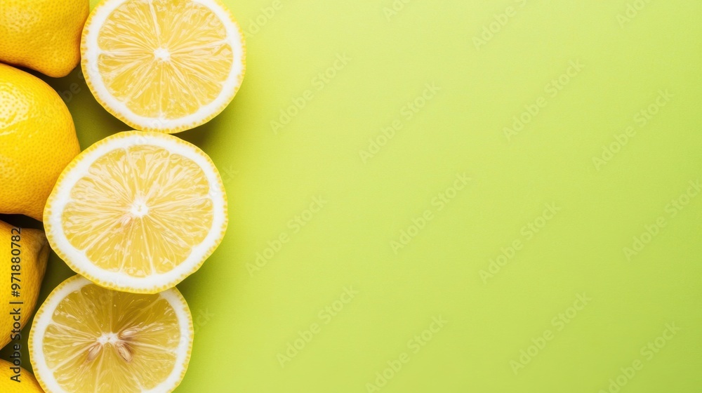 Freshly sliced lemons sit alongside whole lemons, emphasizing their bright color against a lush green background Freshly sliced lemons sit alongside whole lemons, emphasizing their bright color against a lush green background