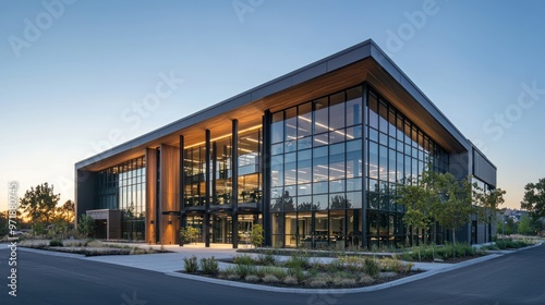 Exterior view of a contemporary office building with clean lines and an elegant design.