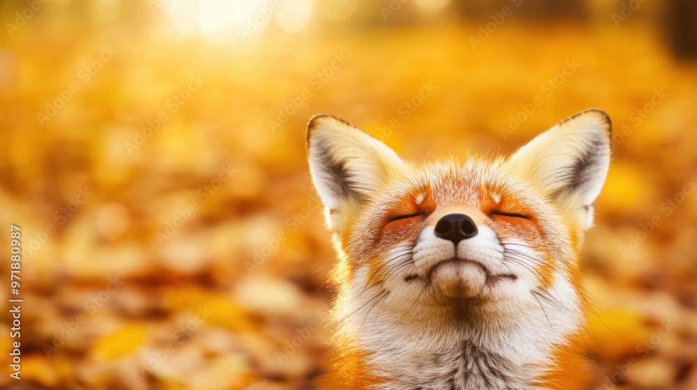 Naklejka premium A fox basks in the warmth of a sunny autumn day, surrounded by a blanket of golden leaves and a serene forest atmosphere