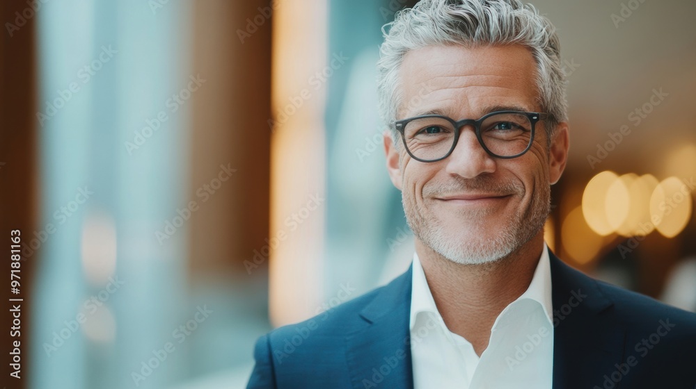 A senior businessman with gray hair and glasses walks confidently through a sleek lobby, displaying a warm smile A senior businessman with gray hair and glasses walks confidently through a sleek lobby, displaying a warm smile