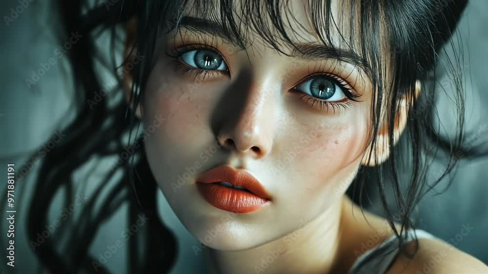 Captivating close-up of a young artist showcasing mesmerizing eyes and soft facial features in a creative indoor setting
