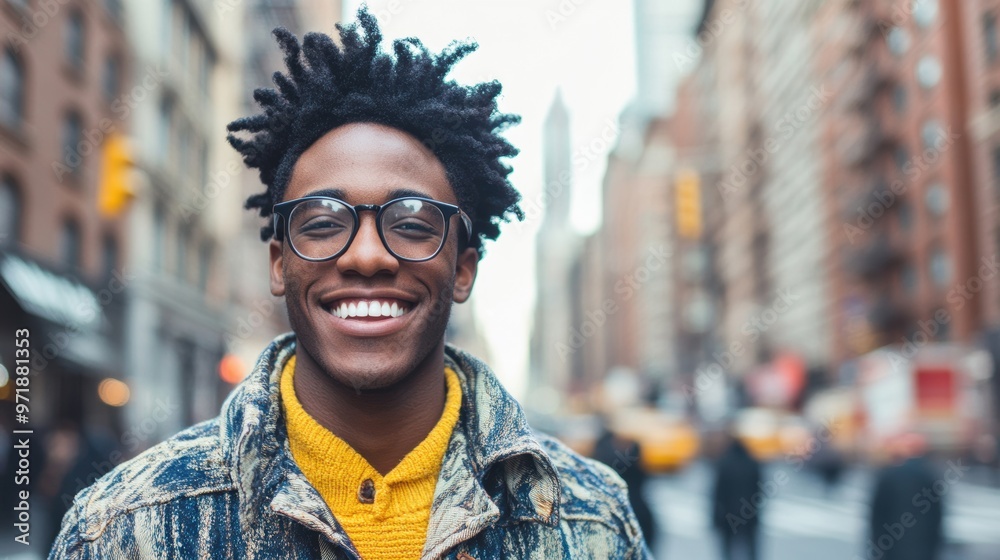 A young man with glasses beams with joy on a busy urban street, surrounded by tall buildings and city life during the day A young man with glasses beams with joy on a busy urban street, surrounded by tall buildings and city life during the day