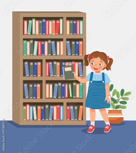 Cute little girl taking a book from bookshelf in the library