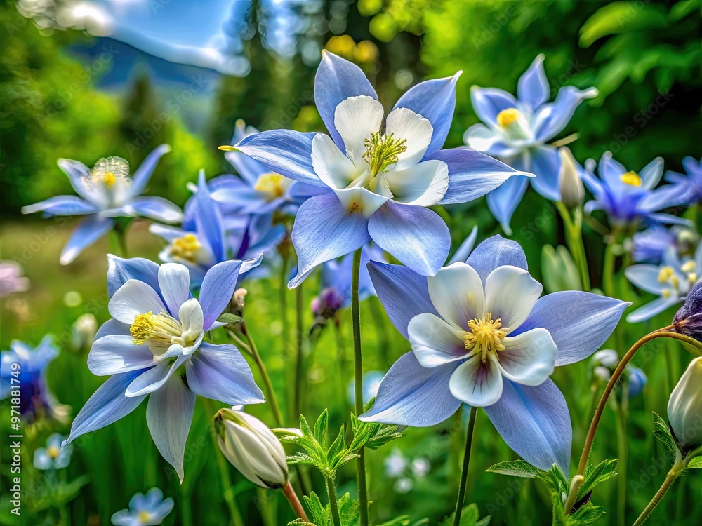 Delicate Rocky Mountain columbines bloom in a lush meadow, showcasing their signature blue and white petals and intricate stem details amidst a vibrant green backdrop.