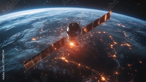 Telecommunication satellite providing global internet network and high speed data communication above Europe Satellite in space low Earth orbit Worldwide communication technology : Generative AI