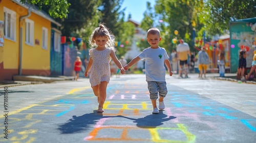 Chalk road and kids with game playing and outdoor in playground of preschool summer and concentration Creative boy and girl in street hopscotch and pavement for break in weekend and to : Generative AI photo