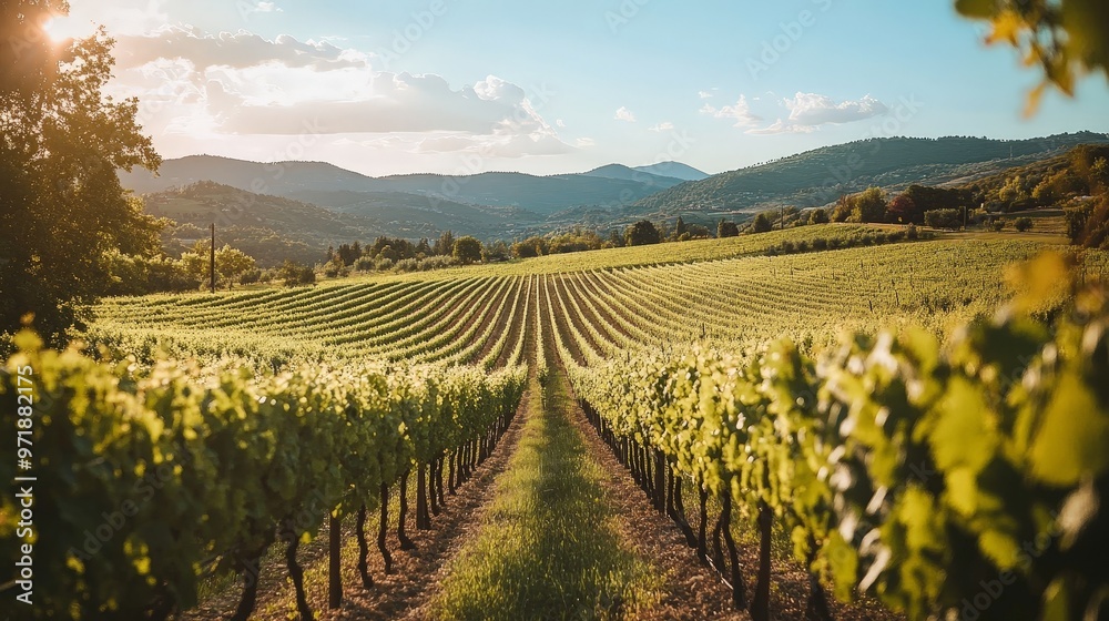 A picturesque vineyard with neatly arranged grapevines and rolling hills in the background, capturing the charm and beauty of the countryside A picturesque vineyard with neatly arranged grapevines and rolling hills in the background, capturing the charm and beauty of the countryside