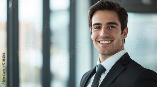 Confident businessman in formal wear smiling at the camera, projecting success and professionalism.