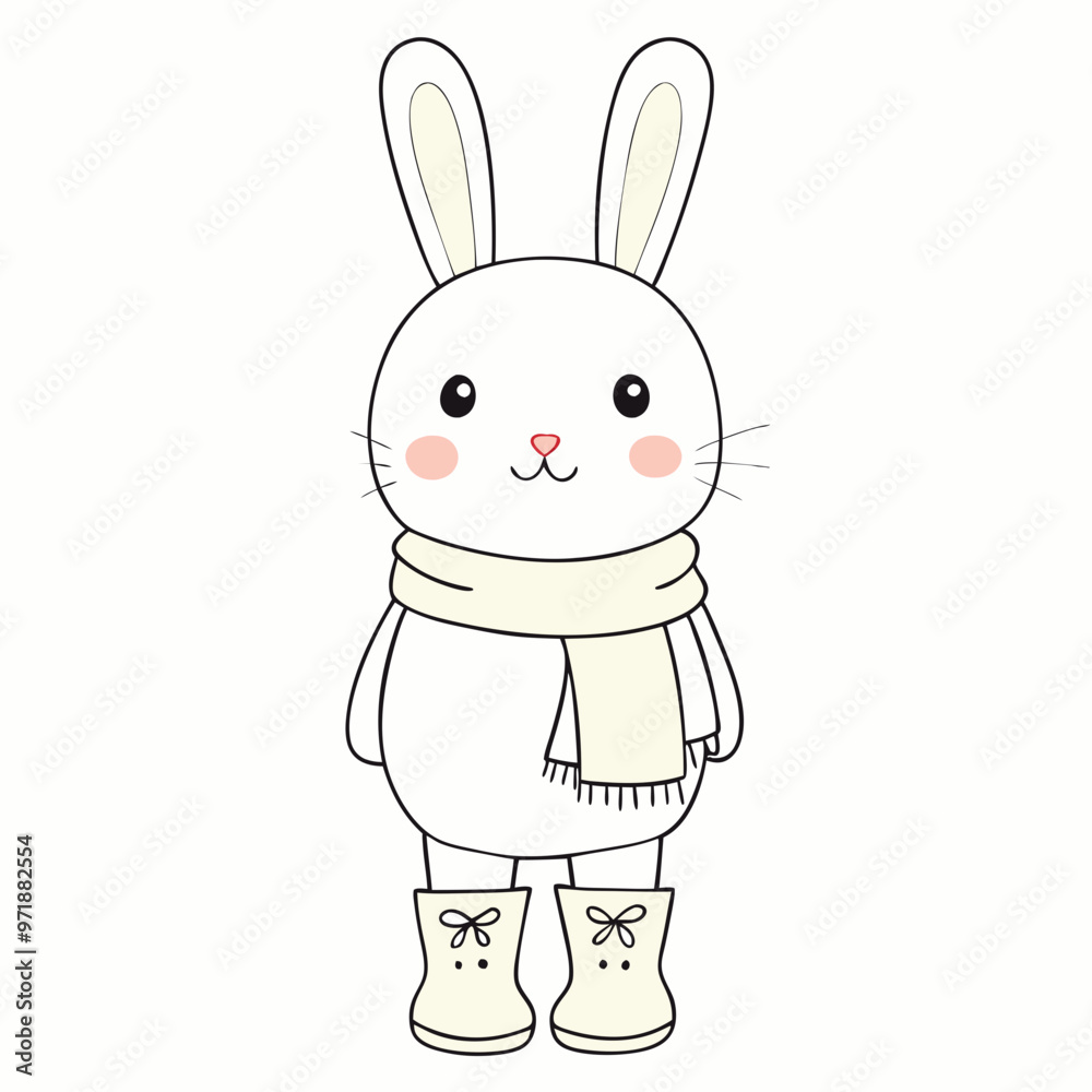 Obraz premium Adorable cartoon bunny wearing a scarf and boots on a white background with copy space 