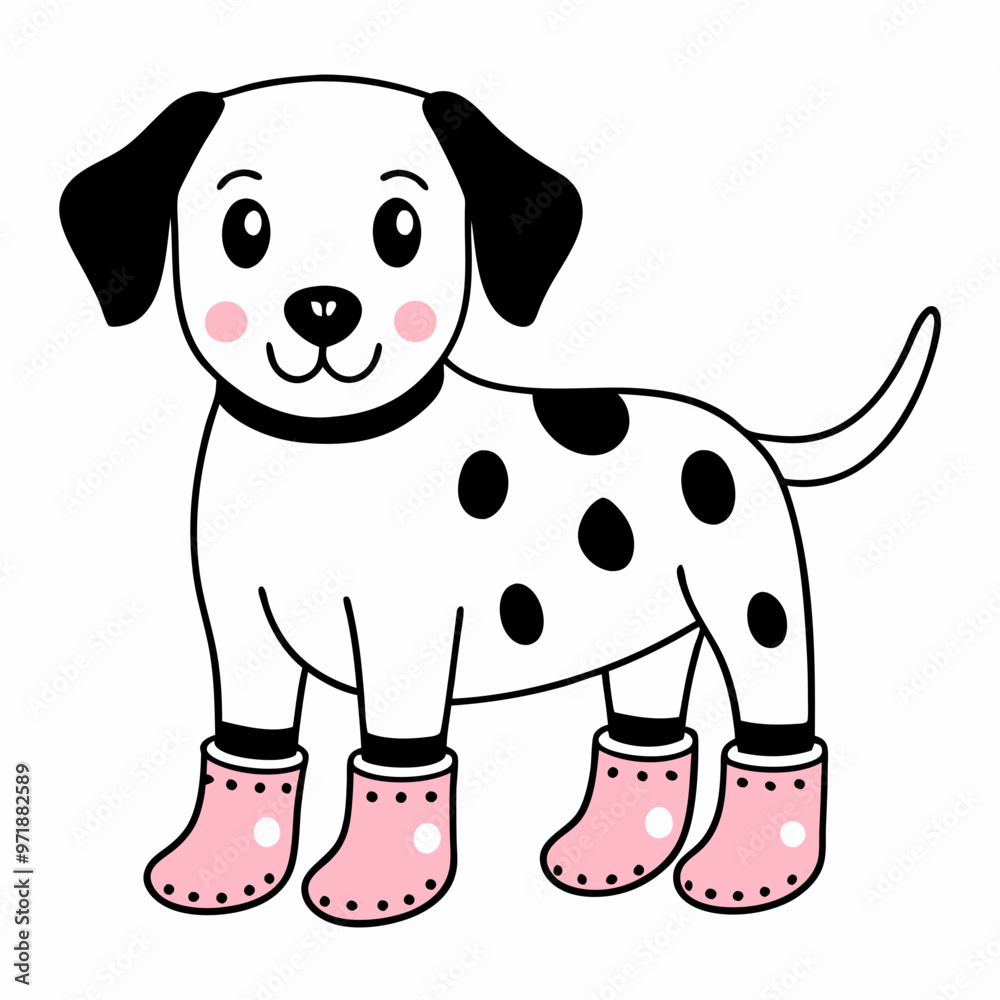 Cute Dalmatian puppy with pink boots and black spots, smiling on a white background Cute Dalmatian puppy with pink boots and black spots, smiling on a white background