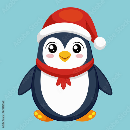 Cute cartoon penguin wearing a Christmas hat and scarf on a blue background with copy space

