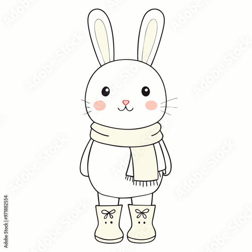 Adorable cartoon bunny wearing a scarf and boots on a white background with copy space
