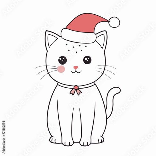 Festive cat wearing a Santa hat and collar, sitting and smiling on a white background