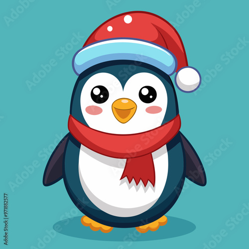 Adorable cartoon penguin wearing a Christmas hat and scarf on a blue background with copy space