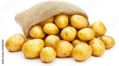 Fresh Potatoes in a Burlap Sack Isolated on White