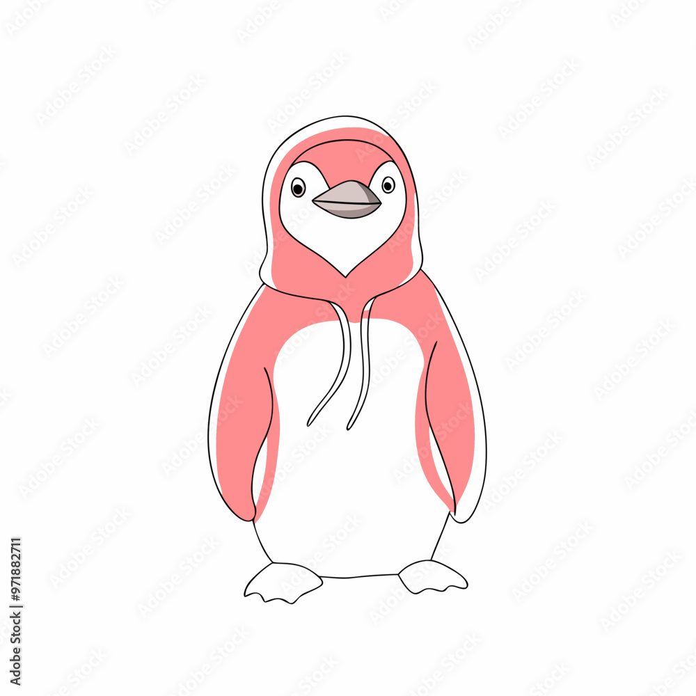 Fototapeta premium Cute cartoon penguin wearing a pink hoodie on a white background with copy space 