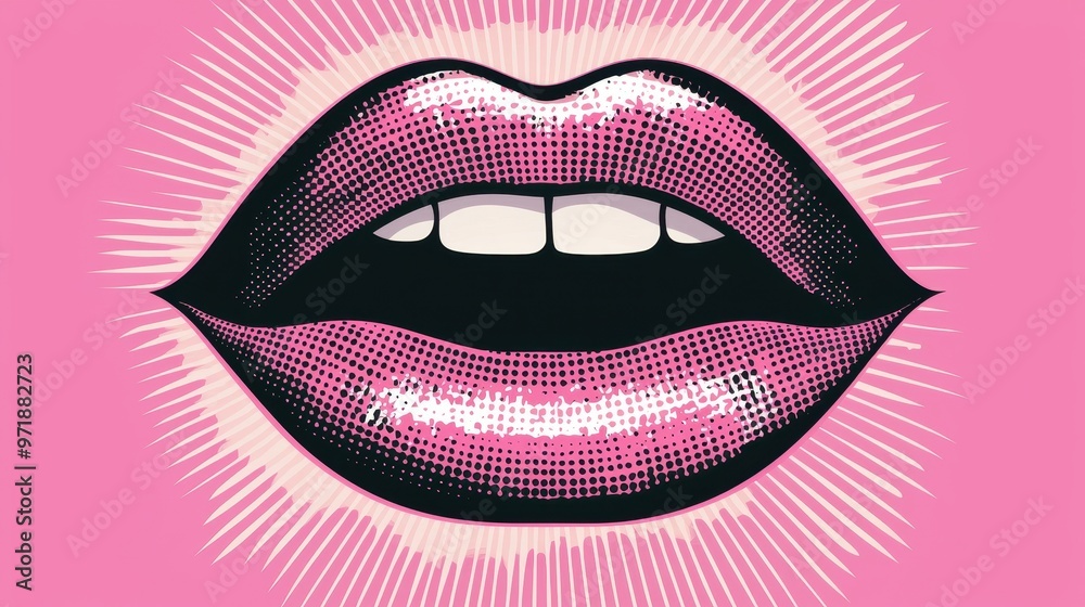 Pop Art Pink Lips with Halftone and Sunburst Pop Art Pink Lips with Halftone and Sunburst