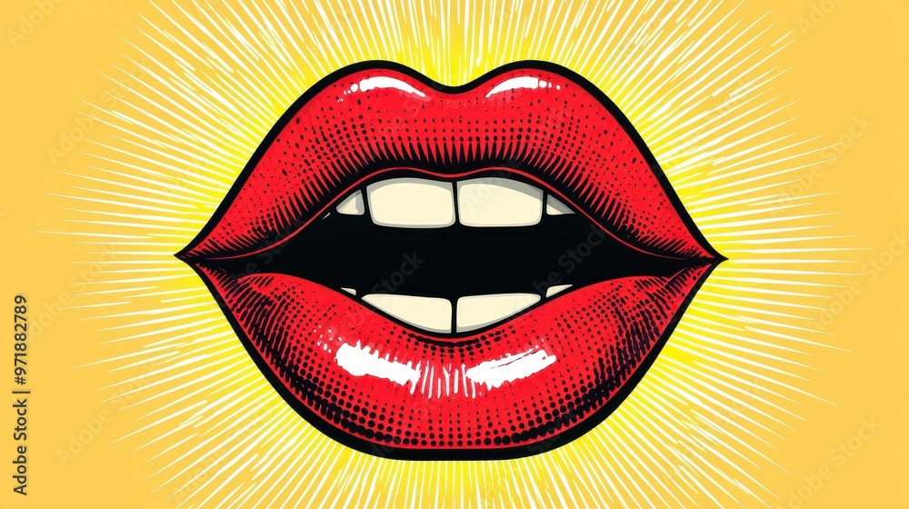 Red Lips Pop Art Illustration on Yellow Background Red Lips Pop Art Illustration on Yellow Background