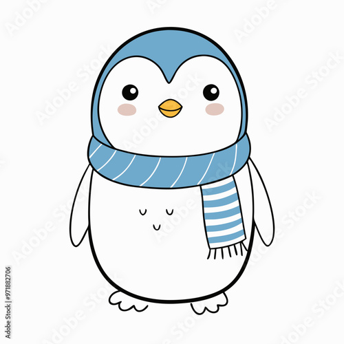 Adorable cartoon penguin wearing a blue scarf and hat on a white background with copy space
