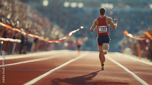 A runner crossing the finish line in a track race, with an expression of victory and exhaustion, and the crowd cheering in the background. photo