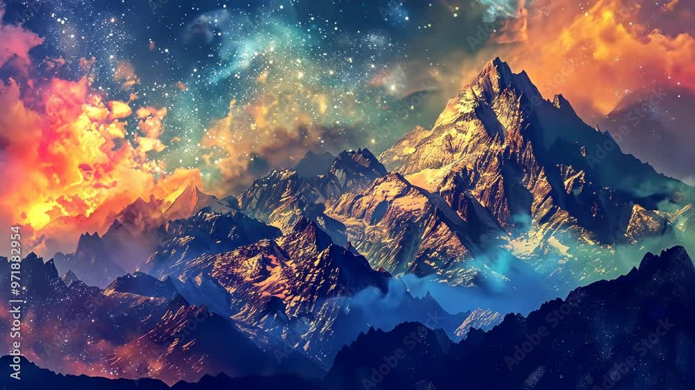 Breathtaking mountain landscape under a starry sky with vibrant colors and dramatic cloud formations