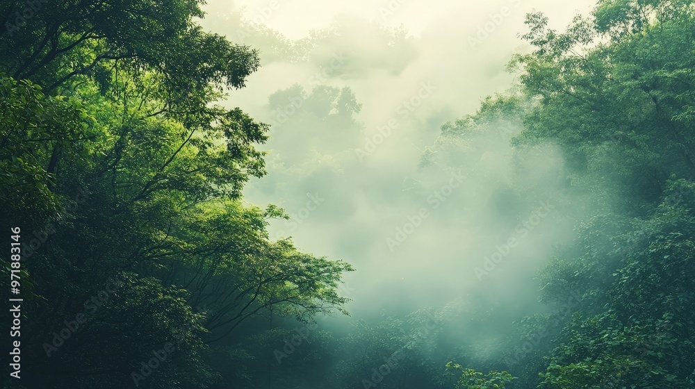 A serene background image of a foggy morning in a lush forest. A serene background image of a foggy morning in a lush forest.